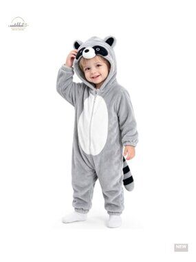 Toddler Halloween Raccoon Costume Plush Fleece Hooded Romper
